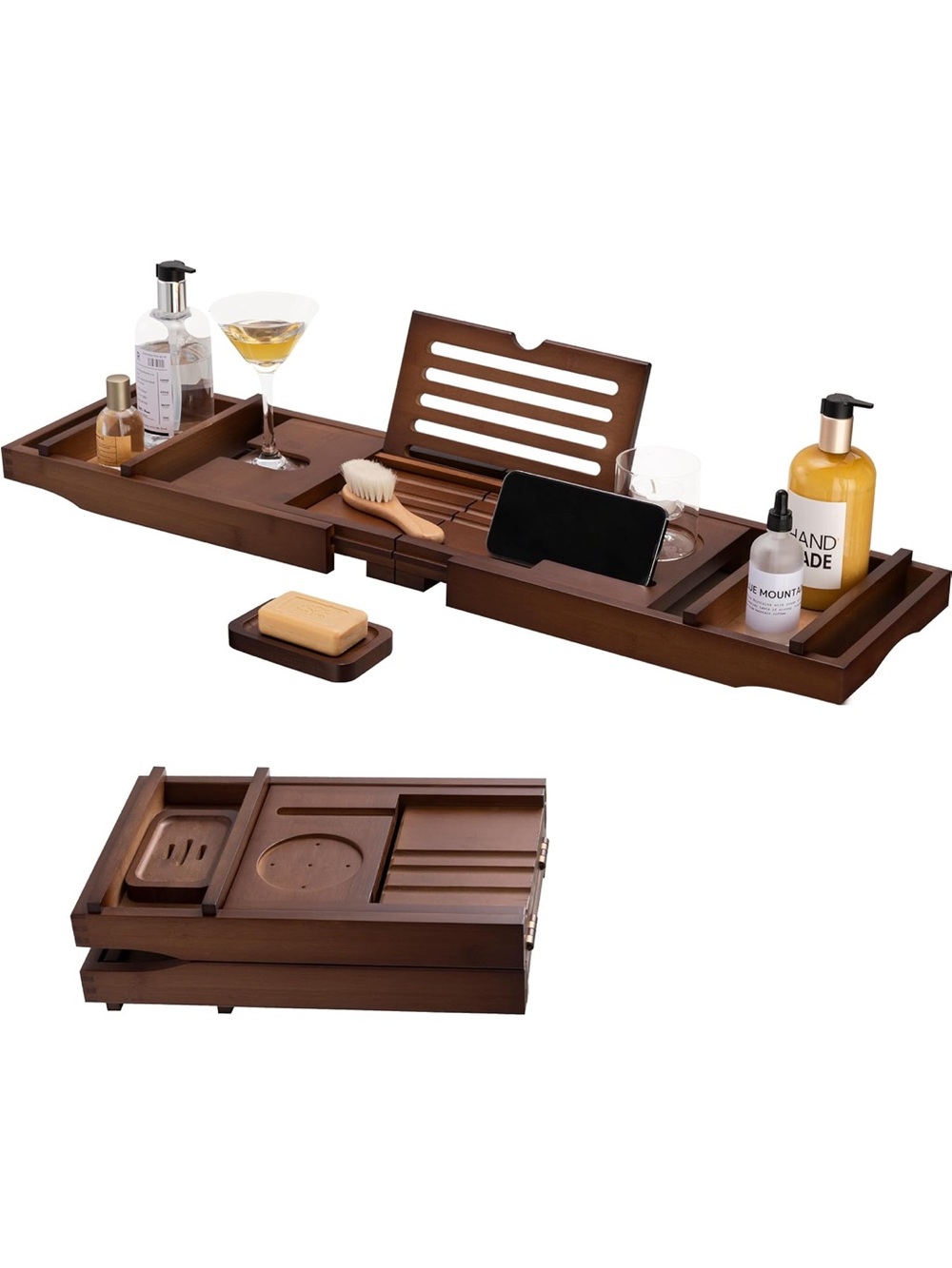 NIB Expandable Wooden Bathtub Caddy Tray in Dark Brown - Shower & Bath Organizer